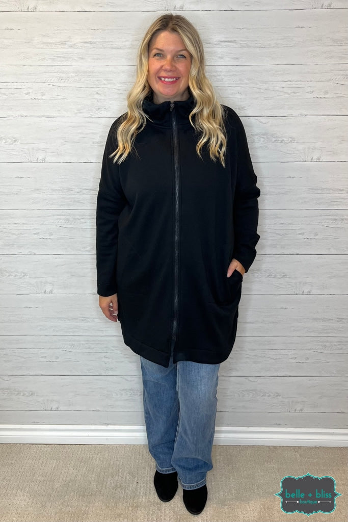 Amelia Zip Up Longline Hooded Jacket - Black Tops & Sweaters