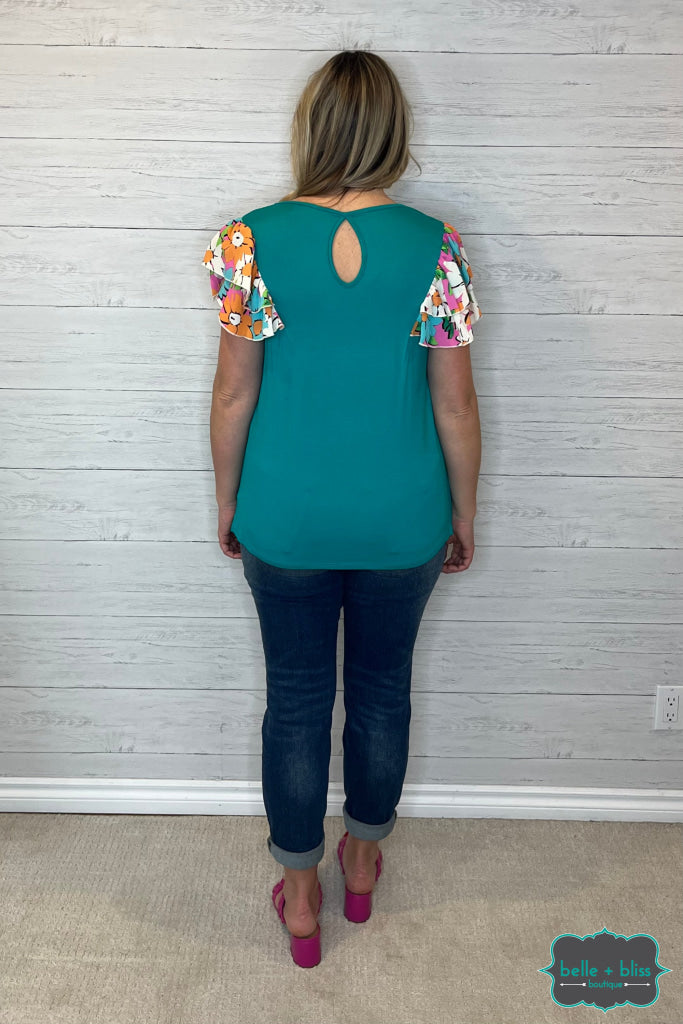 Brianna Floral Sleeve Top - Teal Tops & Sweaters