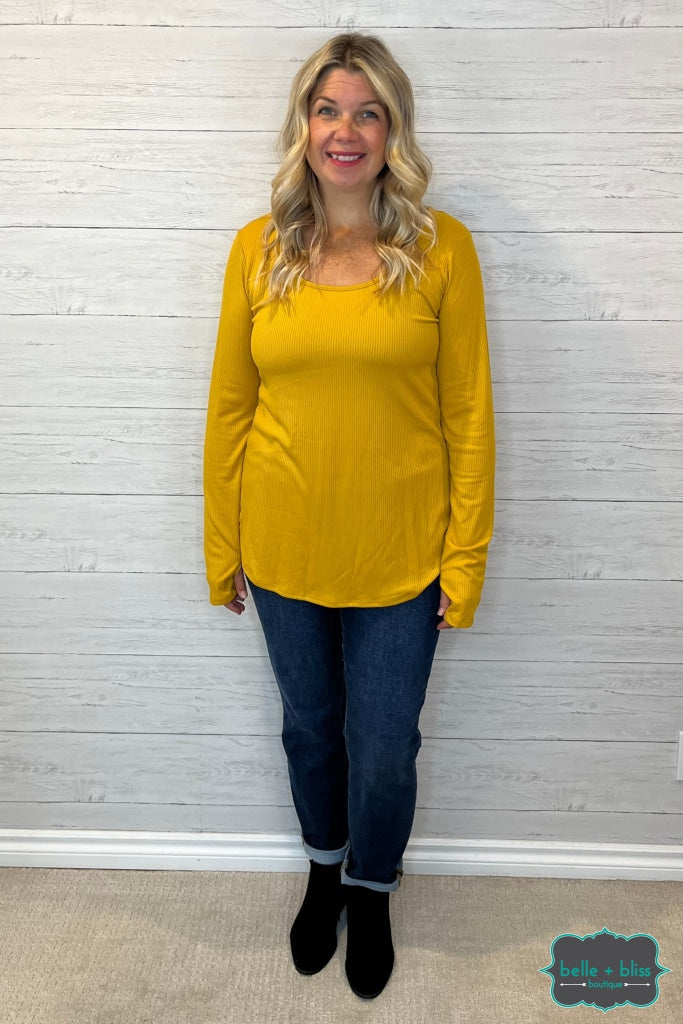 Carla Ribbed Top With Thumbholes - Mustard Tops & Sweaters