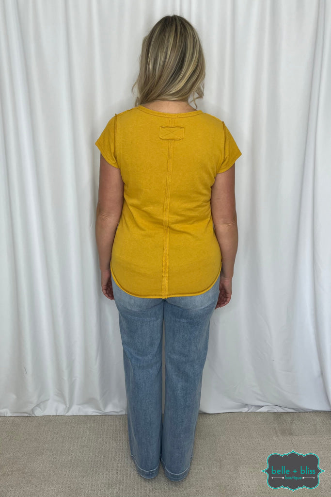 Clara Textured U-Neck Short Sleeve - Mustard Tops & Sweaters