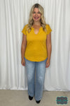 Clara Textured U-Neck Short Sleeve - Mustard Tops &amp; Sweaters