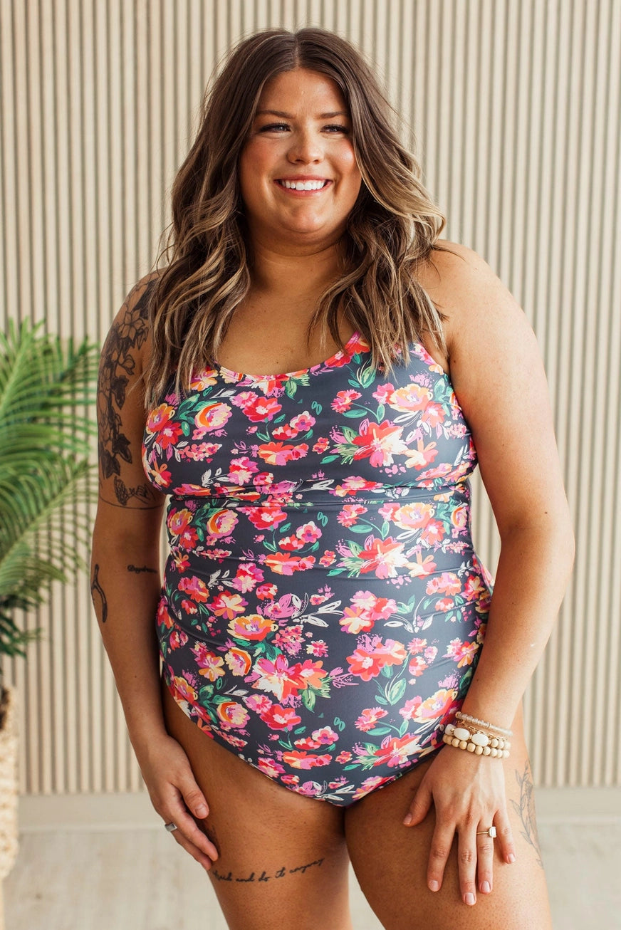 Here's To Summer One-Piece Swimsuit- Charcoal Neon Floral