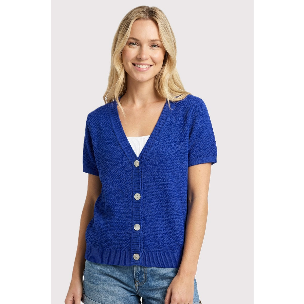 Audra Button Down Waffle Sweater Cardigan - Royal Blue