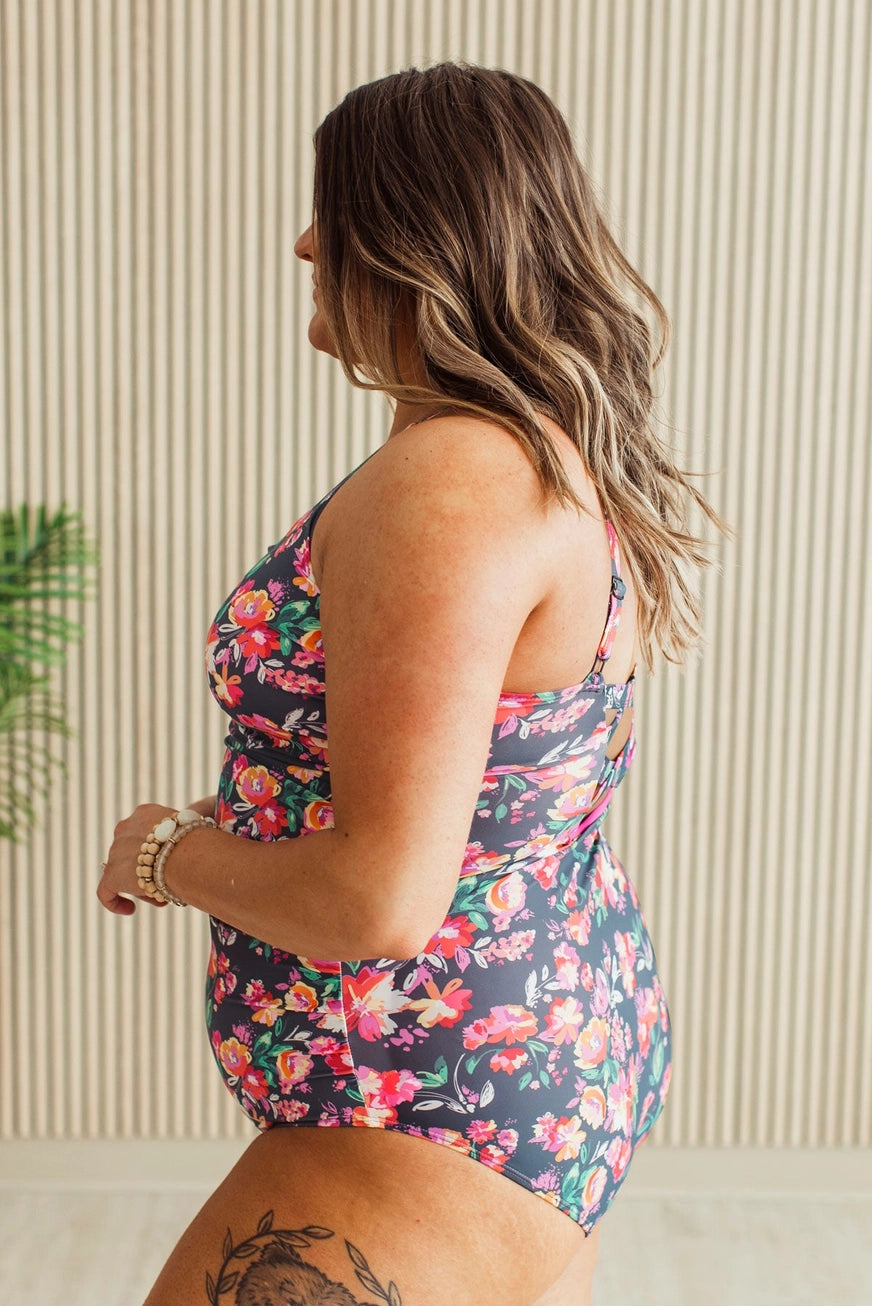 Here's To Summer One-Piece Swimsuit- Charcoal Neon Floral