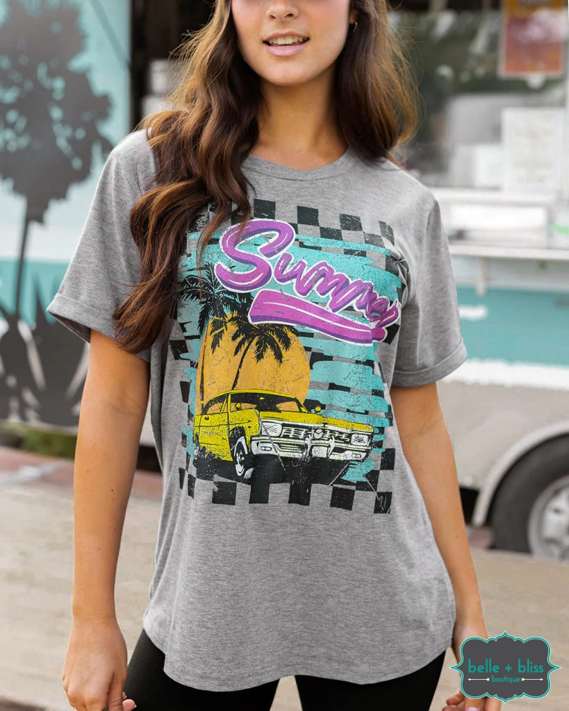 Grace And Lace Summer Car Graphic Tee - Heathered Grey Tops & Sweaters