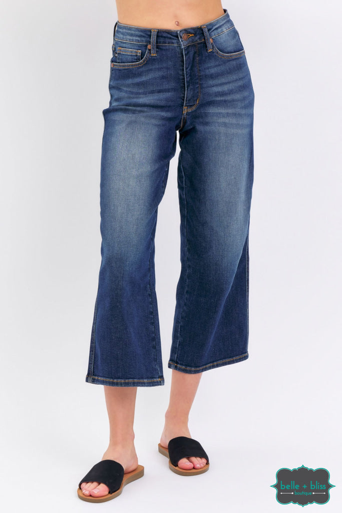 Judy Blue ’Paxton’ Mid Rise Tummy Control Crop Wide Leg Denim - Dark Wash Bottoms