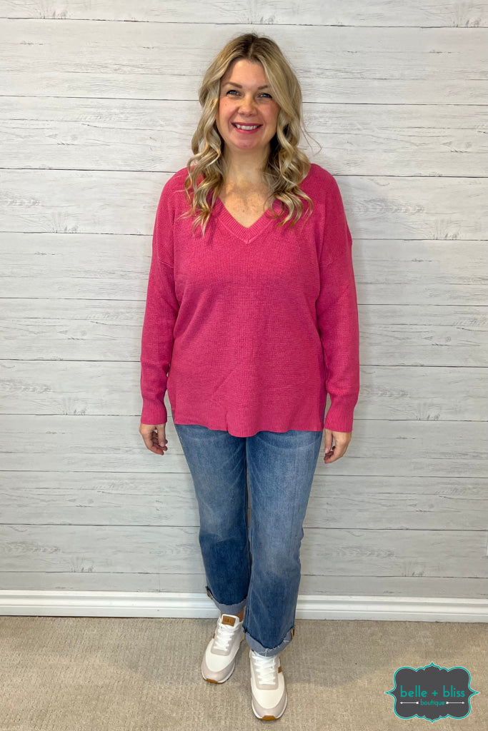 Julie Waffle V-Neck Sweater - Heather Fuchsia - Belle + Bliss Boutique