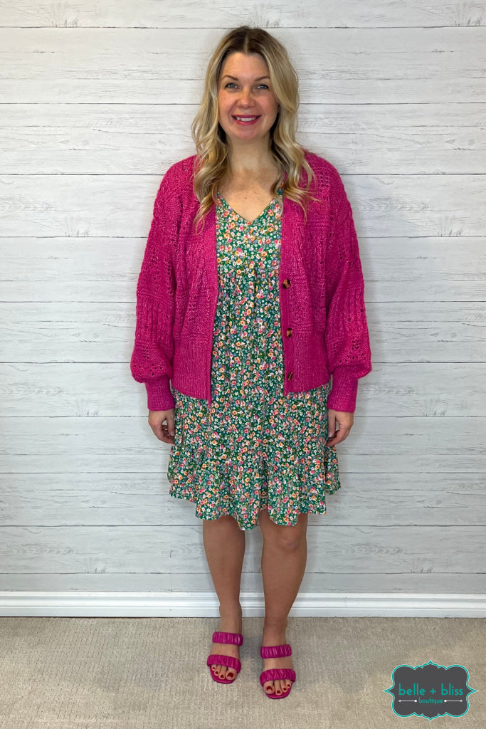 Kali Pointelle Knit Cardigan With Buttons - Fuchsia Tops & Sweaters