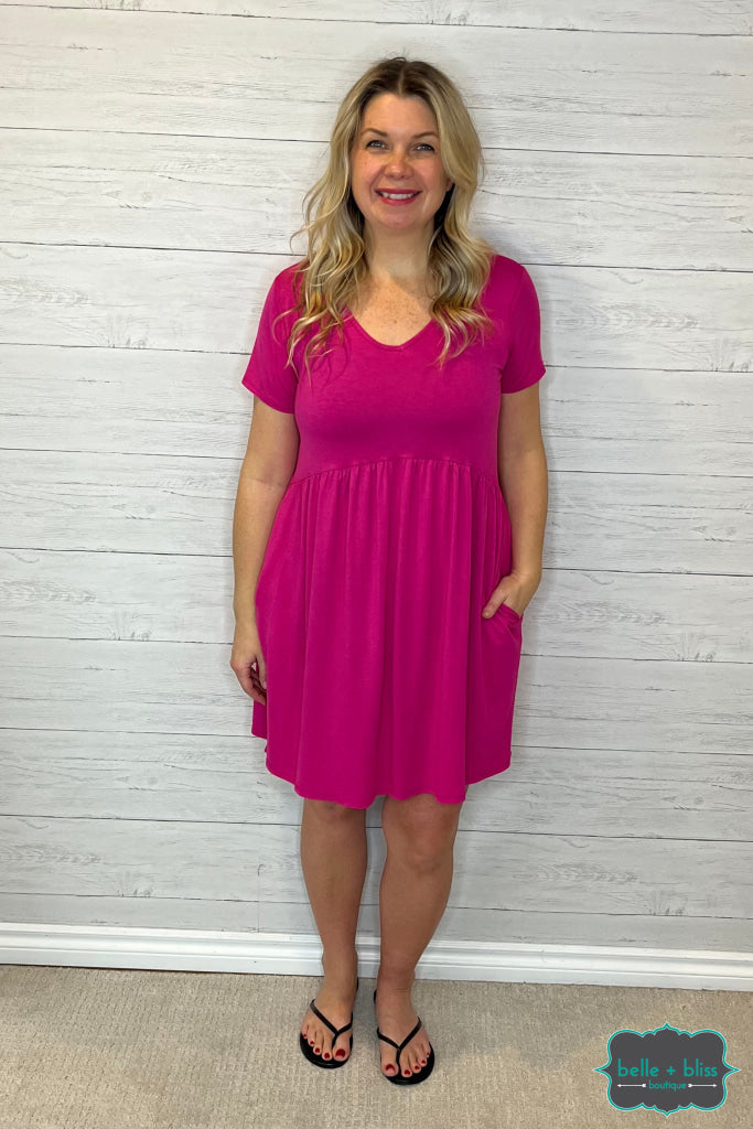 Laney Short Sleeve Babydoll Dress with Pockets Fuchsia