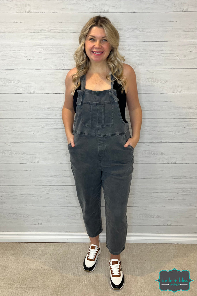 Liza Knot Tie Relaxed Overalls - Washed Black