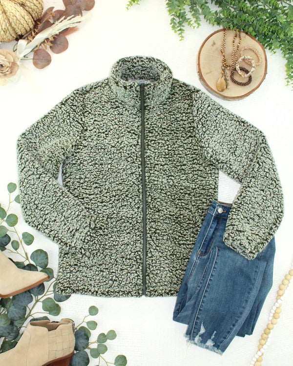 Michelle Mae Two Tone Fullzip Sherpa - Olive