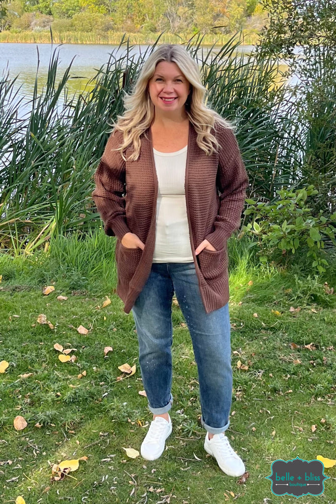 Olivia Waffle Knit Cardigan With Pockets - Hot Chocolate Tops & Sweaters