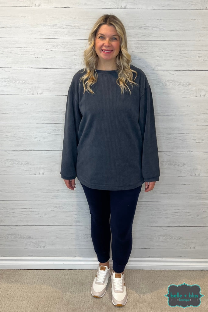 Sarah Corded Pullover - Charcoal Tops & Sweaters