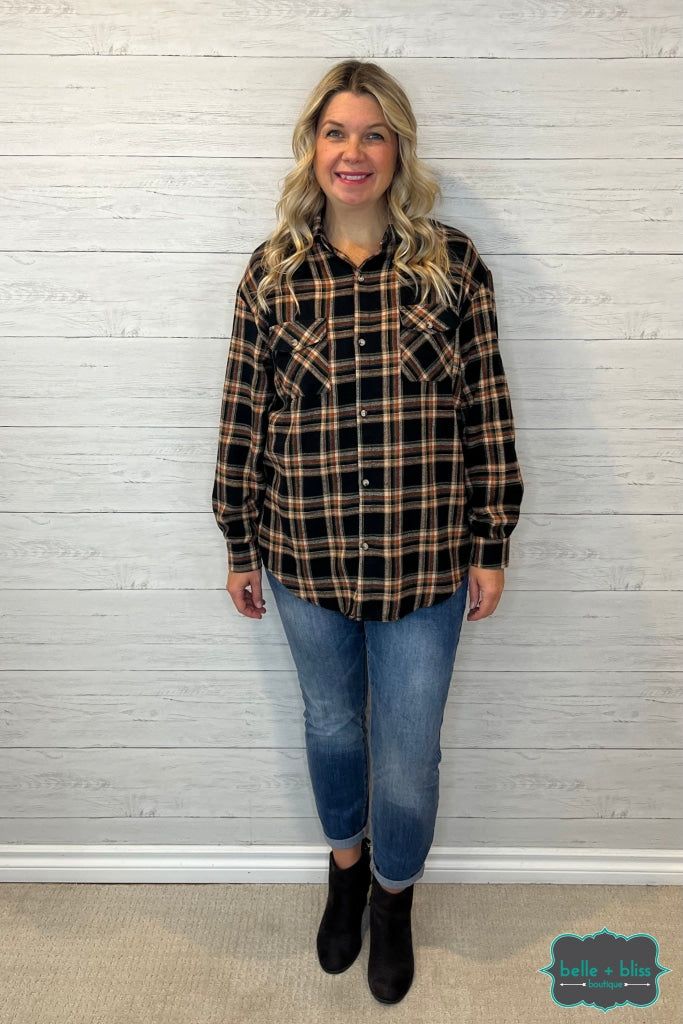 Tammy Flannel Button Up Top - Black Plaid Tops & Sweaters