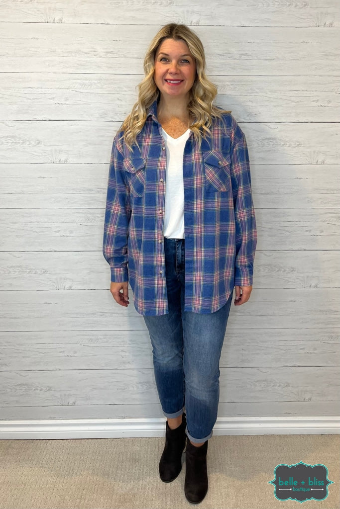 Tammy Flannel Button Up Top - Blue Plaid Tops & Sweaters