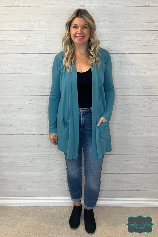 Teal cardigan hot sale outfit