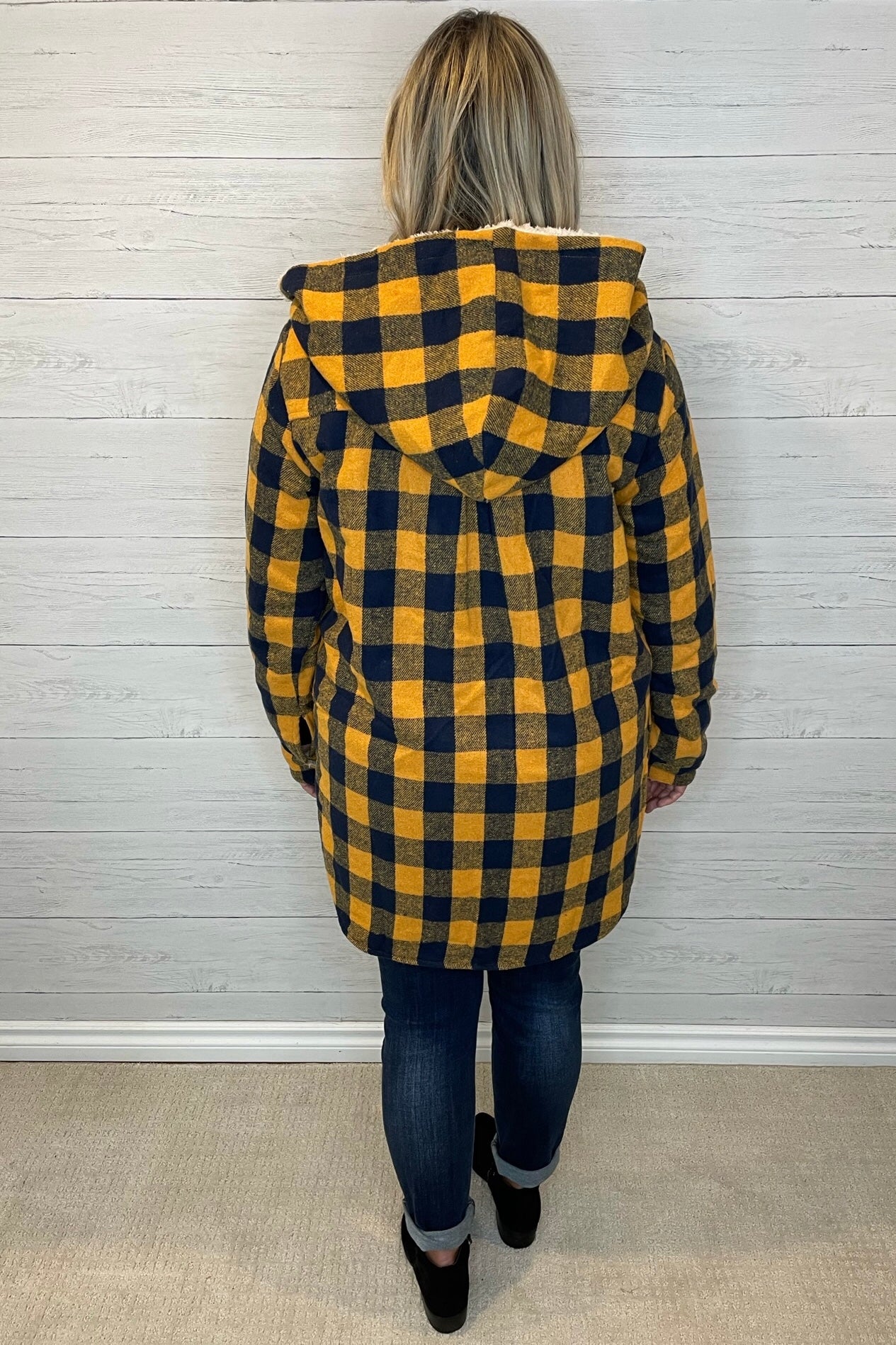 Lelia Sherpa Lined Buffalo Plaid Jacket with Pockets and Hood - Mustard/Navy