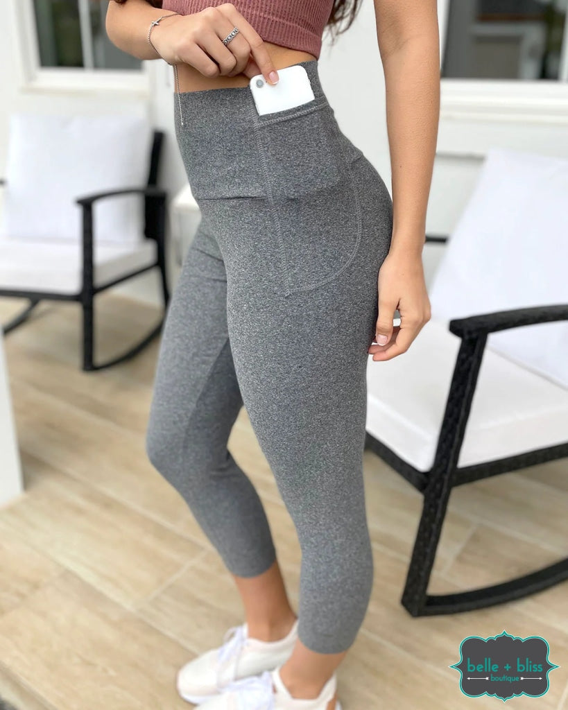 Grace And Lace Cropped Midweight Daily Pocket Leggings - Heathered Charcoal Bottoms