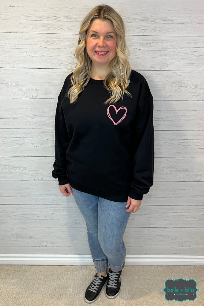 Graphic Sweatshirt Pink Heart - Black Tops & Sweaters