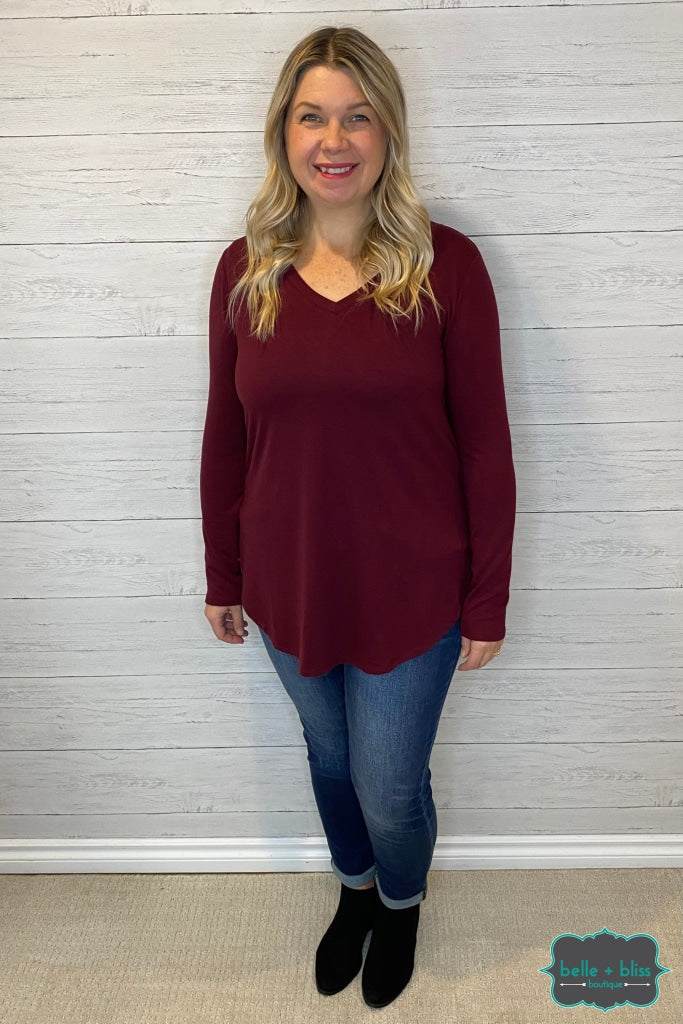 Kayla Long Sleeve V-Neck Tee - Burgundy Tops & Sweaters