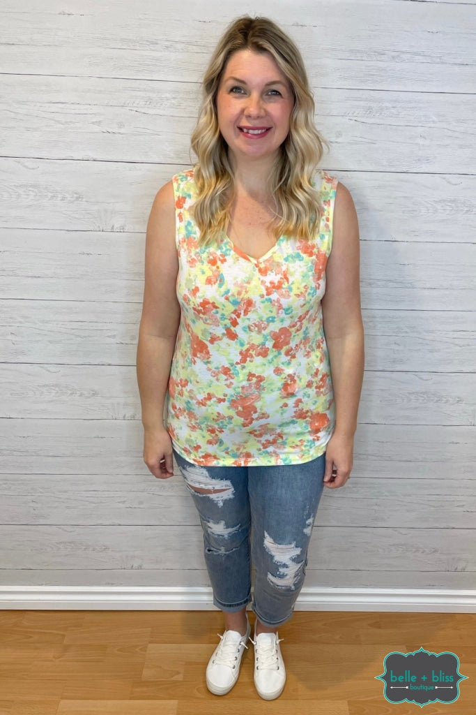 Lucy Criss Cross Back Tank - Teal Watercolour Tops & Sweaters