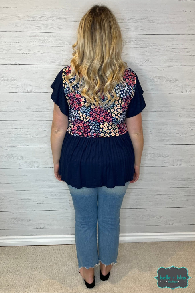 Vicki Pleated Floral Babydoll - Navy Tops & Sweaters